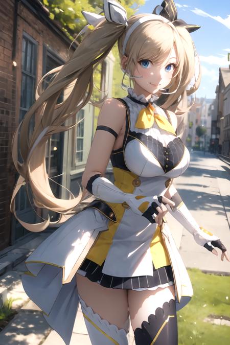 masterpiece, (best quality), vibrant colors ,natural lighting ,RTX, perfect proportions, beautiful, detailed face, (perfect eyes:1.1) ,(photorealistic:1.1), 8k uhd, outdoors, simple background, zea cornelia, 1girl, solo, long hair, smile, blue eyes, skirt, blonde hair, thighhighs, gloves, dress, ribbon, bare shoulders, twintails, medium breasts, very long hair, hair ribbon, ahoge, boots, sleeveless, black gloves, fingerless gloves, black footwear, white dress, white thighhighs, zettai ryouiki, white footwear, headset, asymmetrical legwear, mismatched legwear, straight-on, Standing with one foot in front of the other,   <lora:ZeaCornelia:0.85>