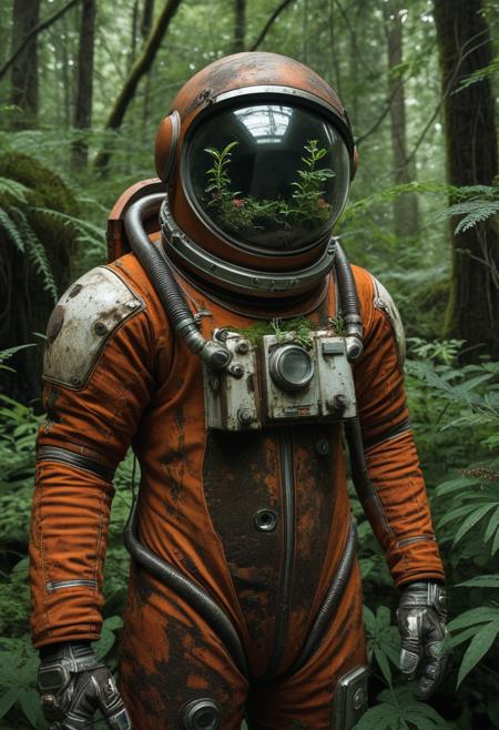 Rusty astronaut suit (worn, weathered:1.2), overgrown with lush greenery (detailed foliage:1.2), nestled within a dense forest setting, centered in the frame, facing viewer, close-up perspective.  Thick, decaying vegetation completely surrounds the suit, (detailed plant life:1.3), creating a vibrant, yet decaying atmosphere.  Suit's color palette is predominantly rusty orange, muted grey, and dark brown with noticeable weathering.  Interior of the helmet (clear glass:1.1) displays small plants and flowers, vibrant green, giving a sense of life amidst decay.  (Detailed surface textures:1.3) on both the suit and helmet, mimicking the effects of rust and age.  Photorealistic style, (high detail:1.2)  Ambient lighting illuminates the scene from multiple angles.  Deep greens and muted browns dominate the surroundings.  Dark green foliage and rusty orange suit create a stark contrast.  Vertical composition, detailed rust patterns, shot from slightly low angle.  Atmospheric and melancholic mood.  (Detailed plant growth:1.2) clings to the suit's contours.  Intricate details of the suit's mechanics and design, (detailed seams:1.2).  Nature reclaiming the human element, environmental catastrophe.