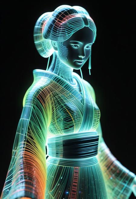 <lora:World_of_Glass_Filament:0.6> made of, tiny neon (glass:1.1) filaments, w0gf1l, Android, geisha, with robotic parts, in flowery kimono, Intricate details, 8 k, cinematic <lora:sss:0.8> subsurface scattering, sss <lora:envyStarlight_v10:0.8>