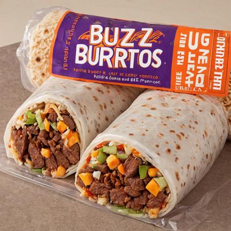This is a photograph of a "Buzz Burritos" product packaging. The burrito is wrapped in a clear plastic wrapper with a purple and orange label. The label prominently displays the word "BUZZ" in bold, white letters, with the word "Burritos" in smaller letters below. The packaging features a tagline "3.4 lb" and "NET WT 3.4 lb." There are also images of the burrito's contents, including beef, cheese, and ranch. The background is a gradient of warm colors with a vertical striped pattern. The overall style is vibrant and eye-catching, with a focus on the product's large size.