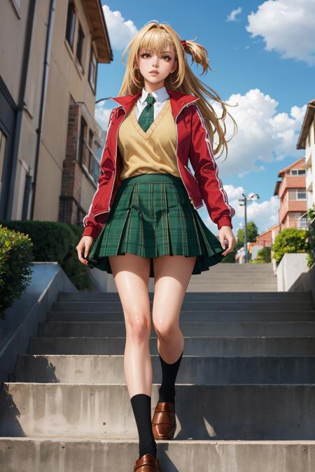 masterpiece, best quality, 1girl, solo <lora:amagakeyuri-nvwls-v1-000010:0.9> amagake yuri, hair ornament, red jacket, yellow sweater vest, green necktie, green skirt, socks, loafers, stairs, walking, clouds, cityscape