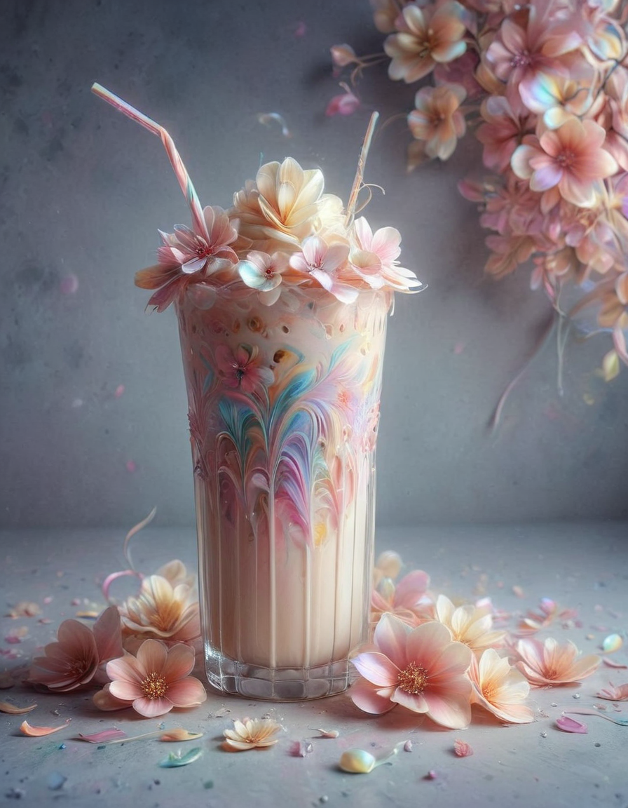 sakura cream milk ice shake frappe, p1nk1r1fl0wers, made out of iridescent flower petals, high quality, masterpiece <lora:PinkieIriFlwrsSDXL:1>