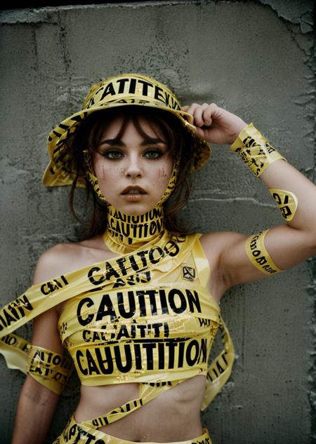 fashion photo of  a woman with a hat on her head covered of tape, caution tape, keep out, Tape_people <lora:Tape_people_SD15:0.75>