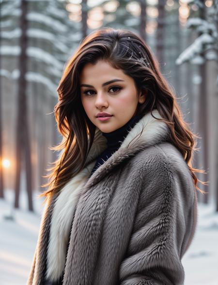 beautiful woman (dld_selgomez:.99), beautiful hair, winter forest, elegant, snowing, natural skin texture, (fashionable fur coat), (turtleneck), sunset, cute smile, (Looking back over shoulder), 24mm, 4k textures, soft cinematic light, adobe lightroom, photolab, hdr, intricate, elegant, highly detailed, sharp focus, ((((cinematic look)))), soothing tones, insane details, intricate details, hyperdetailed, low contrast, soft cinematic light, exposure blend, hdr, faded<lora:more_details:.6> <lora:wowifierV3:.6>