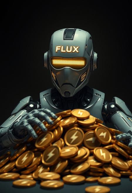 an android that looks almost human in a dark room with the word FLUX on its forehead sat at a table scooping a big pile of gold coins with lightning bolts embossed on them toward itself, similar to a greedy poker player raking a pile of poker chips.