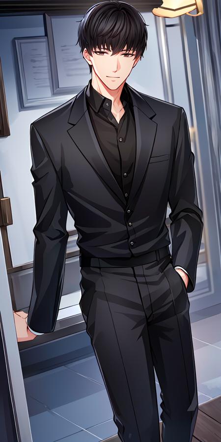 ((high_quality, distinct_image)), masterpiece, extremely_detailed_CG, overexposure, illustration, 1boy, solo focus, short hair, xumo, looking at viewer, handsome, beautiful_detailed_hair, indoors, light smile, (full_body),black_suits