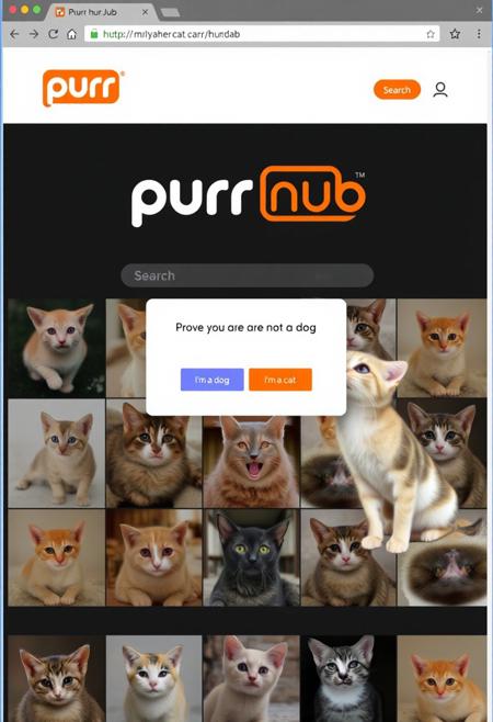 Screenshot from the most famous cat photo website, "Purr Hub", the logo is a name itself "purr" in white font and "hub" in black font, "hub" is inside an orange rounded rectangle. The website has a dark theme and shows a grid of photographs of various cute cats. a cute kitten stands next to the search bar. in the center of the page is a popup captcha window that reads "Prove you are not a dog" with two option buttons "i'm a dog" "i'm a cat".