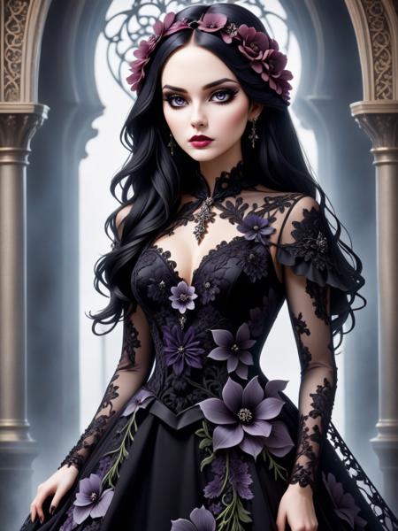 Gothic style beautiful woman wearing a long flower dress, <lora:xl_flower_dress-1.0:0.8> . Dark, mysterious, haunting, dramatic, ornate, detailed