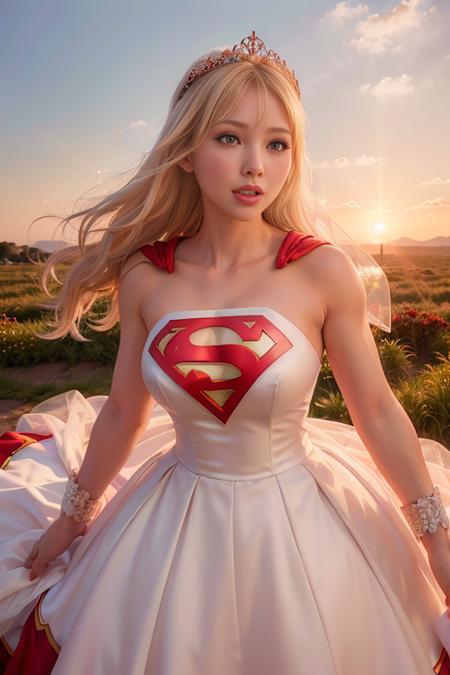 <lora:betterCuteAsian03:0.3>, (white and red supergirl wedding dress,wearing wedding princess dress, wearing supergirl_cosplay_outfit:1.3), sunset, 
good hand,4k, high-res, masterpiece, best quality, head:1.3,((Hasselblad photography)), finely detailed skin, sharp focus, (cinematic lighting), night, soft lighting, dynamic angle, [:(detailed face:1.2):0.2], medium breasts, outside, <lyco:supergirl_wedding-10:0.4>