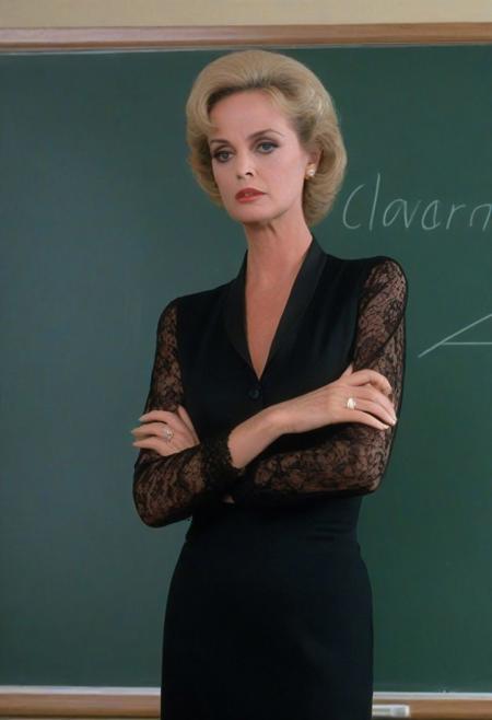 score_9, score_8_up, score_7_up, 1980s Tippi Hedren, stern expression, strict teacher, pretty blond, slim, slender, wearing a black satin nightie with spaghetti straps and lace trim, standing in a classroom at the chalkboard, angry, annoyed