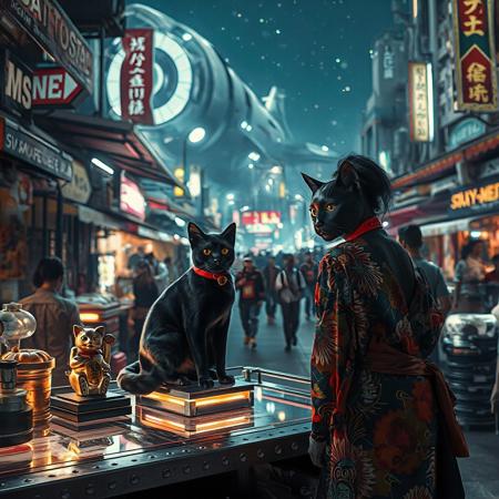 Setting is a futuristic cyberpunk street market at night full of cat people coming and going, the market is comprised of street vendors selling robot parts, food, weapons, and robots. People wearing futuristic cyberpunk clothing are walking through the street market shopping and eating, A sleek black cat with red collar sits on a cluttered metal riveted desk with transparent top and micro-LED lighted computer components visible inside, On the desk is an ebony and gold maneki neko statue and futuristic art deco lighting, (((a beautiful cat person, 24 years old, is standing in the foreground FACING THE VIEWER, she has an expression of interested curiosity)))))), the sleek black cat with red collar is sitting on the desk and watching the people walking by in the busy street market, the cat woman is dressed in futuristic cyberpunk ECLECTIC style yukata with a low neck line alluring aesthetic. An enormous art deco inspired starship with futuristic lighting and an enormous space station are visible in the background among the stars, Artistic cyberpunk, dynamic perspective, (((overall architectural aesthetic is Art Deco Cyberpunk))).  Epic image that elicits a feeling of wonder and awe, (((((CLASSICALLY STYLIZED LIGHTING AND ARCHITECTURE FROM CHINA INDIA JAPAN FRANCE EGYPT ROME AND GREECE))))),