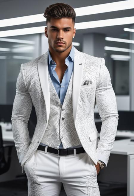 a strong 22-year-old brazillian hunk bodybuilder male, with a fringe up undercut hairstyle, detailed face, mindless expression,  wearing a white suit with silver patterns, wearing pants,  on a modern office, standing at attention pose, looking at viewer, portrait, photography, detailed skin, realistic, photo-realistic, 8k, highly detailed, full length frame, High detail RAW color art, diffused soft lighting, shallow depth of field, sharp focus, hyperrealism, cinematic lighting