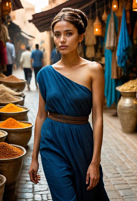 Craft a highly detailed cinematic (full body portrait), capturing the essence of a character in a cinematic setting.
Non-binary .
Walking Hand in Hand through a Moroccan Souk 
East Asian .
(Expression: Sincere and Genuine .)
Hair Style: Sophisticated Chignon .
Hair Color: Chestnut Brunette .
Eye Color: Sapphire Blue .
(Skin Detail: The skin exhibits ultra-detailed features down to the pores, capturing every nuance and texture with precision.)
Atmospheric Ambiance: Shadows playing on the floating debris .
<lora:add-detail-xl:1> <lora:sdxl_offset_example_v10:1>