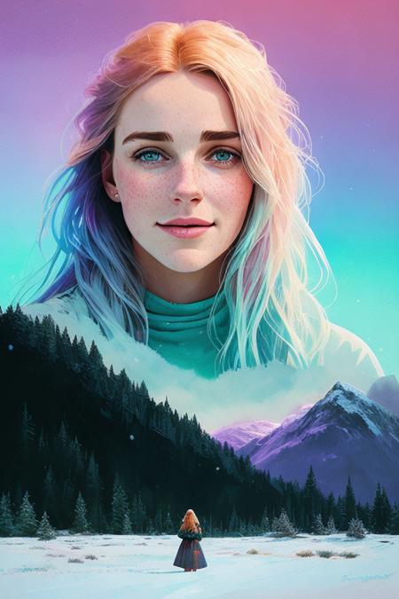 01162-1334056297-portrait of beautiful smiling woman with some freckles, snow-covered mountain landscape background by ilya kuvshinov and annie l.png