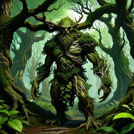 An image of Treebeard the Ent walking through Fangorn tending to the trees.