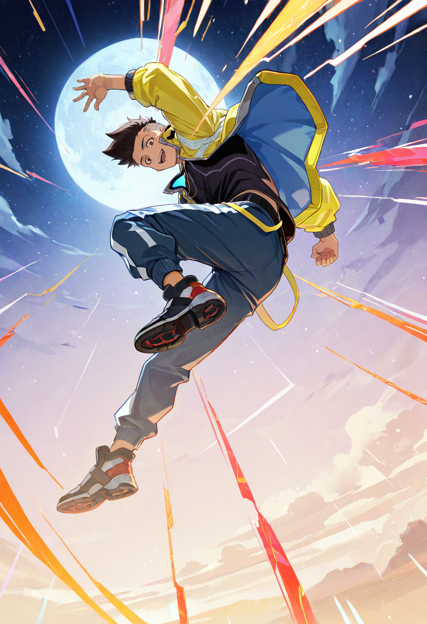 A dynamic, midair action pose of a smiling young man with spiky brown hair, wearing a yellow and blue jacket over a black shirt, black sneakers, and blue pants. The background is a vivid, starry night sky with a bright full moon and streaks of color, suggesting motion. 