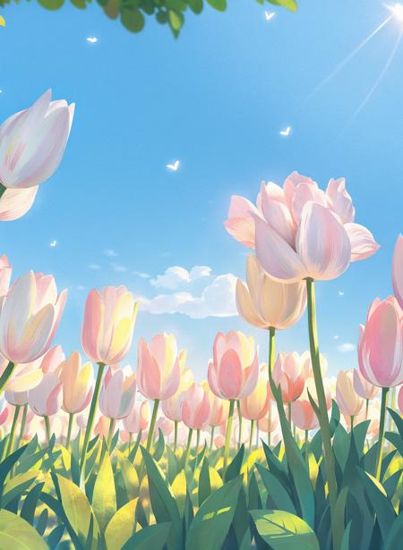 flower, no humans, pink flower, leaf, tulip, still life, plant, outdoors, day, scenery, sky, blue sky, sunlightï¼(illustration:1.0), masterpiece, best quality    <lora:floweras_20231016212448:0.74>