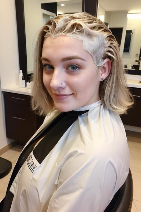 (masterpiece, high quality, best quality:1.2) , ultradetailed,  1girl , (( 22 years old, Nora Evans bleaching her hair <lora:hairbleach:0.8>  at the hair salon))