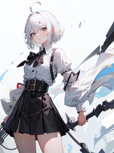 ((masterpiece, best quality)), (1girl), (solo), (female focus), (ahoge, white hair, short hair), black eyes, ((white shirt), (buttoned shirt)), ((black skirt), (short skirt)), standing, white background, arms behind back,