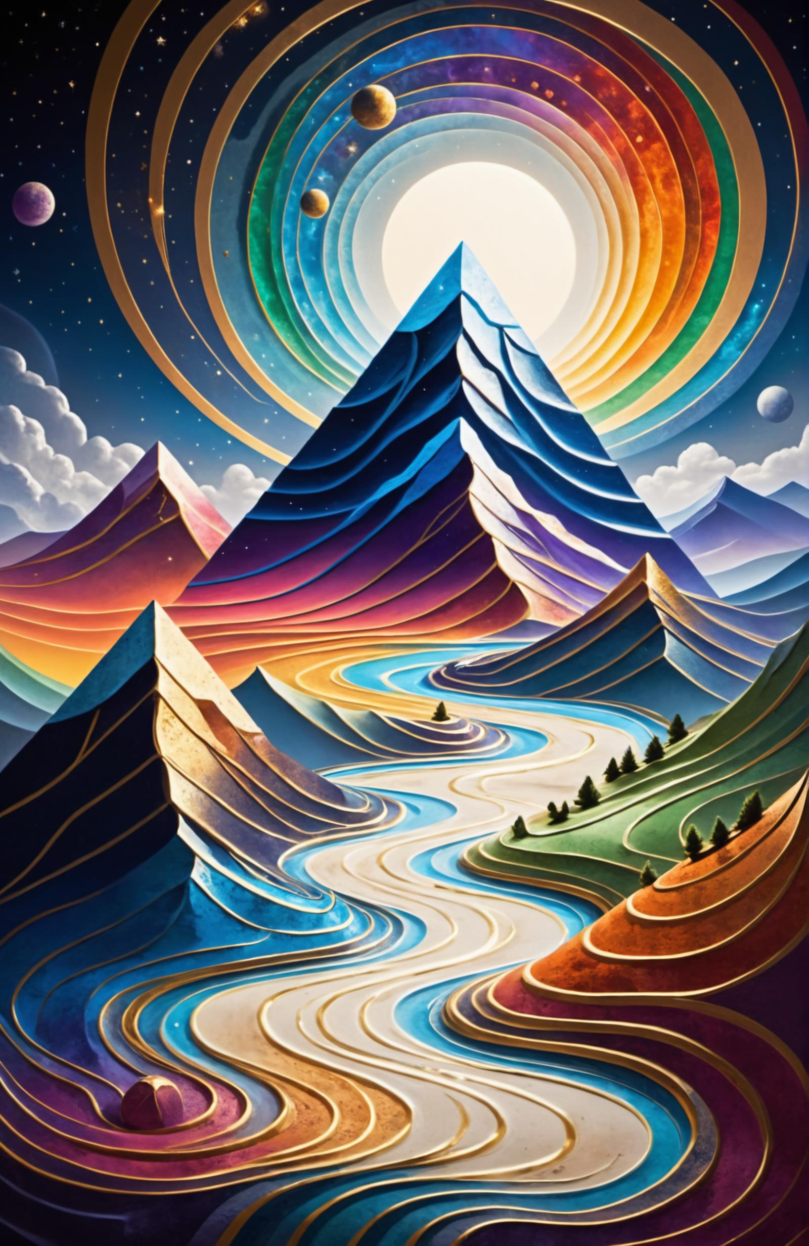 A painting of a colorful mountain range with a river and a sun.