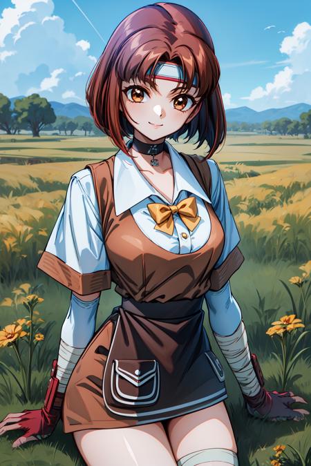 1girl, (field:1.2), cowboy shot, sitting, smile, 
vg_chiho, brown eyes, brown hair, short hair, bangs, headband, choker, elbow gloves, bowtie, apron, short sleeves, skirt, bandages, <lora:VG_chiho_lora_ver2:0.7>, best quality, masterpiece, highres, <lora:GoodHands-vanilla:1>