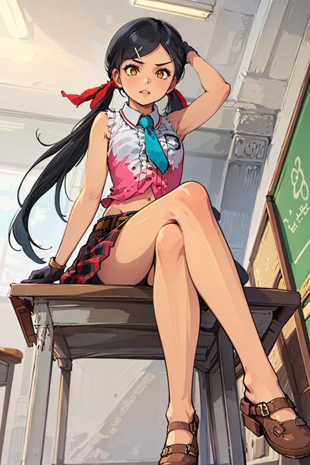 black hair, low twin tails, red ribbons, yellow eyes, red pupils, long hair, sleeveless, white and red shirt, white collared shirt, brown gloves, hair ornament, teal necktie, pleated red skirt, plaid red skirt, midriff, belt, miniskirt, bare legs, (mary janes:1.3), brown footwear, holding a katana, sheath, mole under eye, bandage, bandaid