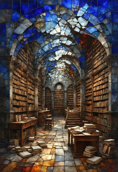 Construct a photorealistic painting of a colossal, decaying library, fractured into stained-glass panels. Multiple perspectives converge to create a chaotic yet strangely harmonious composition, with stacks of books, ornate bookshelves, and gothic arches rendered as geometric shards radiating a warm, internal glow. The color palette employs deep indigo, aged parchment, and crimson red, highlighting intersecting lines and fragmented forms. Integrate subtle photorealistic details within each glass shardâthe texture of faded ink, the grain of ancient woodâto create a compelling blend of abstract geometry and tangible history, evoking a sense of forgotten knowledge and silent grandeur.