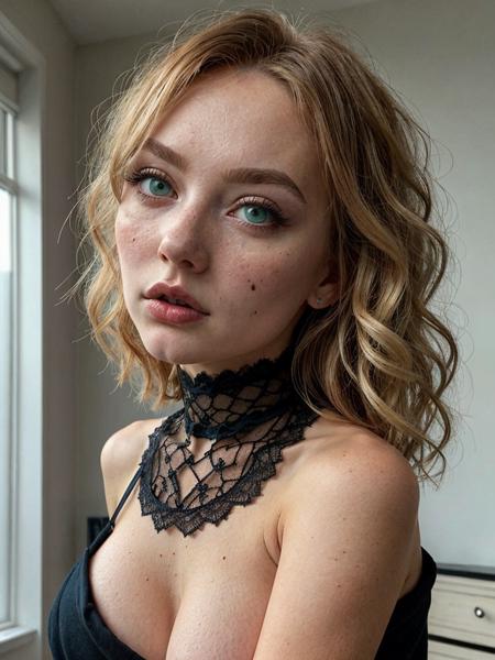 safe_pos, score_9, score_8_up, score_7_up, photo, photorealistic, a sexy possessed girl, short wavy strawberry blonde hair, large realistic green eyes, looking at viewer, skinny, athletic, large saggy breasts, (puffy nipples), dark eye shadow, ripped clothes, real skin, mole, toned, arched back, parted lips, aroused, looking at viewer, sexy thighs, innocent look, adorable face, pouty lips, lace choker