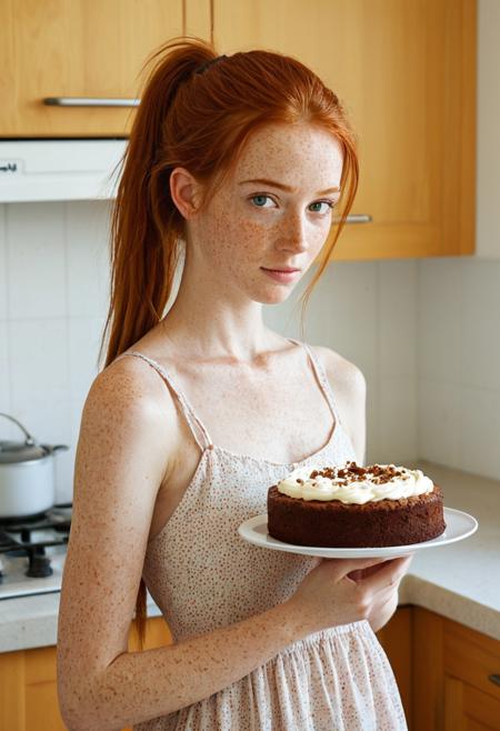 score_9, score_8_up, score_7_up, (one female), cutest face in the world, young adult woman, skinny, ponytail, long hair, ginger, full pouty lips, freckles, blushing, cute, (slim:1.1), skinny body, freckles, medioum breasts, freckled skin, loose sunny dress, (in the kitchen)
break
woman holding a birth cake.