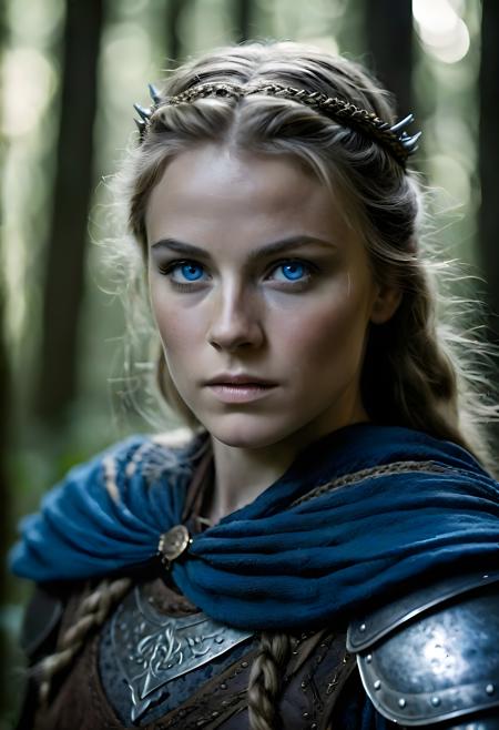 a photo of a beautiful brave female warrior in the middle ages, blue eyes, detailed eyes, head shot, in a creepy forest