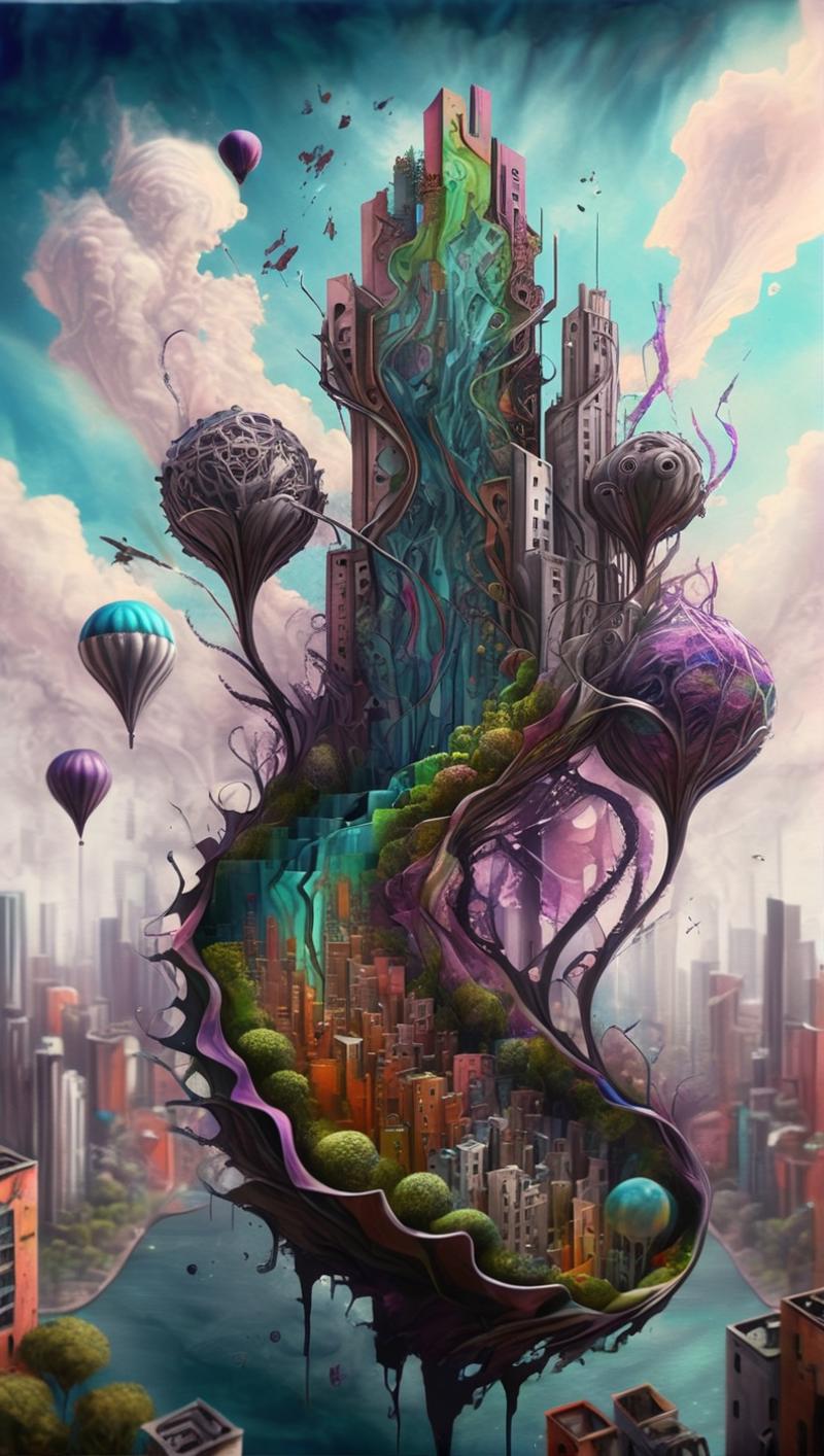 Creative and colorful futuristic cityscape with various buildings, balloons, and trees.
