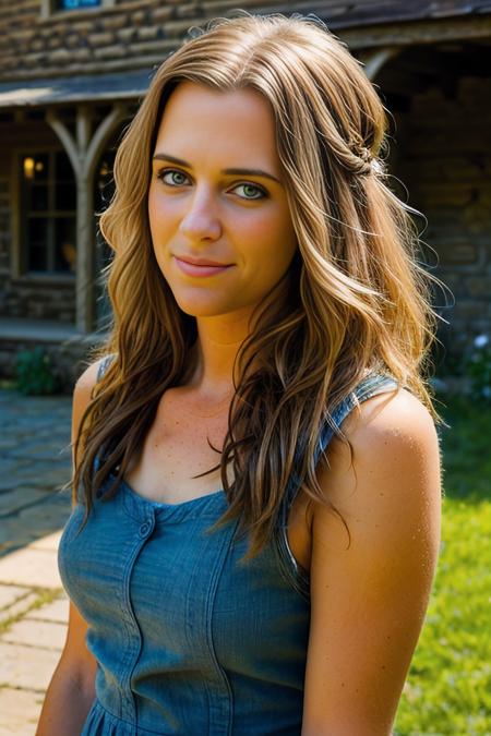an image centered around beautiful (KW116:1.1) woman as the young miller's exceptionally attractive exuding an alluring and voluptuous physique that radiates warmth and sensuality,Her braided and lustrous hair cascades gracefully down her shoulders enhancing her captivating presence,Her eyes are a striking and inviting feature that draw viewers into her gaze with their soft welcoming warmth,Long dark eyelashes frame her eyes which emphasize their captivating allure,Her face boasts delicate a gentle blush on her cheeks,Her plump lips are full and inviting often curved into a warm and welcoming smile,Her skin is smooth and glossy,The scene is set around a medieval mill courtyard,a charming and rustic wooden structure nestled in a tranquil forest,The mill's wooden structure enhances the rustic ambiance of the scene,its waterwheel turns gently,The girl is positioned near the mill courtyard,engrossed in various house chores that connect her to the daily rhythm of country life,She may be seen tending to the mill's operation,handling sacks of flour,and organizing grains scattered around,This image captures a timeless moment in the miller's life as she goes about her daily chores,embodying the beauty of rural life and the harmony between humanity,the mill,and the natural environment,PA7_Portrait-HL,<lora:KW116_04A-000002:1.0>,