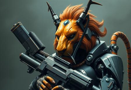 A high-definition, 8k resolution, pre-rendered, stylized painting of a cyborg Satan, inspired by Sam Black and Chaos Distillage, trending on Artstation, with an award-winning art style similar to Greg Rutkowski's dark art. The subject should be a close-up of a robot with a gun, featuring an anthropomorphic orange lion with a metal tail and blackness instead of eyes. The image should be color-corrected and free of watermarks, with a focus on threatening juxtaposition. Use a mix of dark art and science fiction elements to create a unique piece.
