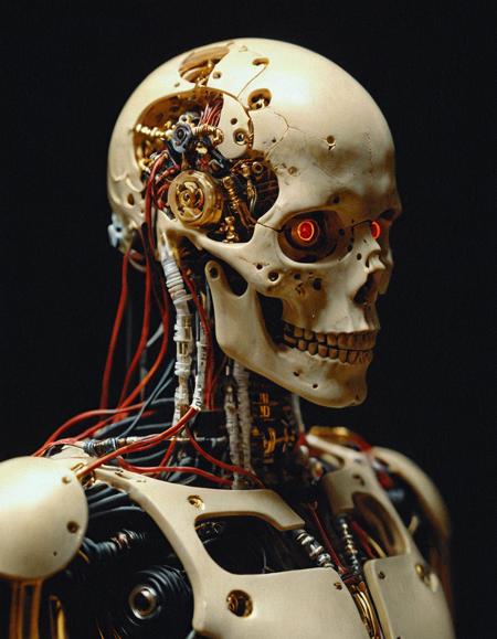 Surrealist art breathtaking cinematic film still synthetic humanoid android with pale ceramic skin, facial ports open revealing gold and steel servo mechanisms, artisan hand installing neural connectors, red fiber-optic cables threading into skull, dim workshop lighting with soft amber glow, hyperreal detail on skin textures and mechanical joints, fusion of human fragility and robotic precision, photographed on Cinestill 800T film, Hasselblad 500CM with 80mm f/2.8, close-up portrait framing, eerie yet intimate tone
,
<lora:add-detail-xl:1>,OverallDetailXL,ArsMovieStill,<lora:MJ52_v2.0:0.7>,<lora:EldritchCandids1.1.2:0.75>,<lora:EpicF4nta5yXL:0.4>,<lora:Year_3000_Movie_Stills:0.5> . shallow depth of field, vignette, highly detailed, high budget, bokeh, cinemascope, moody, epic, gorgeous, film grain, grainy . award-winning, professional, highly detailed . Dreamlike, mysterious, provocative, symbolic, intricate, detailed