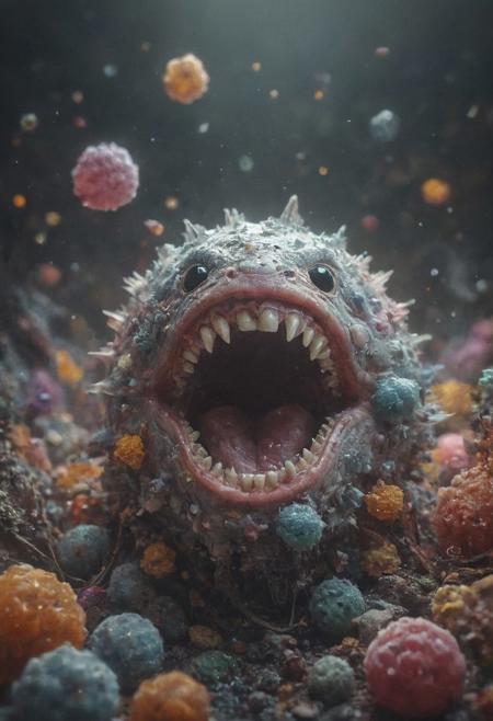Create a 3D ultra high resolution image crystalline carapace. Cute Germs in his mouth 
Wide range of colors., Dramatic,Dynamic,Cinematic,Sharp details
Insane quality. Insane resolution. Insane details. Masterpiece. 32k resolution.
<lora:add-detail-xl:0.95> <lora:dvr-lnds-sdxl:0.3> dvr-lnds-sdxl <lora:MJ52:0.25> <lora:ral-apoctvisn-sdxl:0.3> ral-apoctvisn <lora:zavy-cntrst-sdxl:0.35> dark, chiaroscuro, low-key <lora:zavy-rmlght-sdxl:0.41> zavy-rmlght <lora:SDXLFaeTastic2400:0.225>