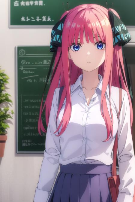 ninonakano, <lora:ninonakanospecial-lora-nochekaiser:1>, 
nino nakano, long hair, bangs, blue eyes, hair ornament, hair ribbon, pink hair, blunt bangs, two side up, butterfly hair ornament,
BREAK skirt, shirt, long sleeves, white shirt, pleated skirt, open clothes, collared shirt, sleeves past wrists, dress shirt, cardigan, green skirt, open cardigan, black cardigan,
BREAK indoors, classroom,
BREAK looking at viewer, (cowboy shot:1.5),
BREAK <lyco:GoodHands-beta2:1>, (masterpiece:1.2), best quality, high resolution, unity 8k wallpaper, (illustration:0.8), (beautiful detailed eyes:1.6), extremely detailed face, perfect lighting, extremely detailed CG, (perfect hands, perfect anatomy),