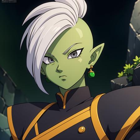 Best_QualityPos, RAW photo, intricate details, best quality, 8k uhd, soft lighting, 1boy, solo, colored skin, green skin, mohawk, white hair, grey eyes, single earring, green earring  <lora:Zamasu:0.5>