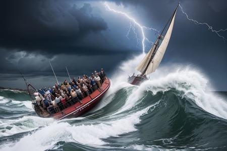 Ultra-realistic photo of half dozen disciples of Jesus panicking under heavy storm, their single masted fisherman sailboat in the middle of an agitated sea,  dramatic lighting, detailed waves crashing against the boat, terrified expressions, wind and rain splashing, intense, ominous atmosphere, expressions of fear and desperation, powerful contrast between dark stormy sky and tumultuous sea, vibrant colors, high-res, masterful strokes, capturing the emotions of the disciples as they struggle to keep the boat afloat, dynamic composition, waves crashing over the boat, chaotic scene, strong waves encompassing the boat, the boat tipping precariously, lightning illuminating the scene, dark clouds engulfing the sky, sense of danger and vulnerability, torrential rain pouring down, the boat rocking violently, disciples clinging to the edges, their clothes drenched in water, fear-stricken faces, expressions of faith and hopelessness intertwined, realism, tension-filled narrative, a test of faith.
