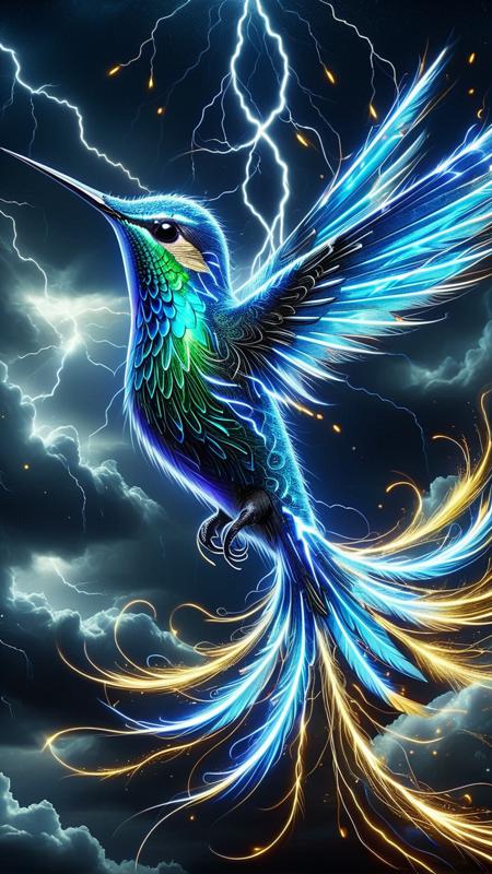 A majestic lightning colibri, a hummingbird with iridescent electric-blue and silver feathers, soaring through a stormy sky. Its wings beat rapidly, leaving trails of glowing lightning arcs. Sparks crackle along its wings and tail, and its eyes emit a soft, radiant light. The dark thunderclouds behind are illuminated by flashes of lightning, harmonizing with the birdâs movements. Ultra-detailed, fantasy art style, 4K resolution. <lora:lightning_thunder_V1.1:0.75>