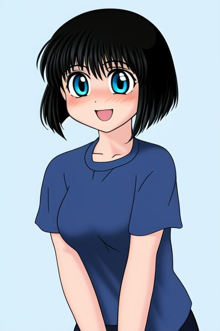 1girl, portrait, kaorin, short hair, blue shirt, smile, open mouth, <lora:Ryukishi07HigurashiStyle:1>, simple background, <lora:KaorinLoRA:0.7>