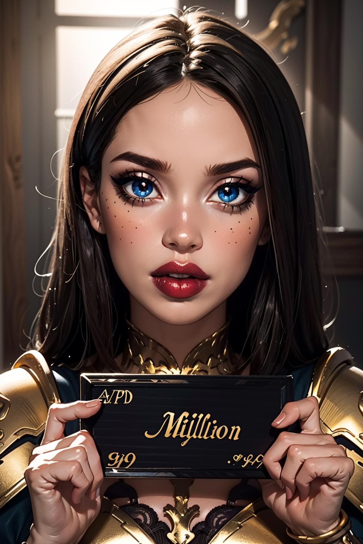 A beautiful woman with blue eyes holding a black sign that reads "million".