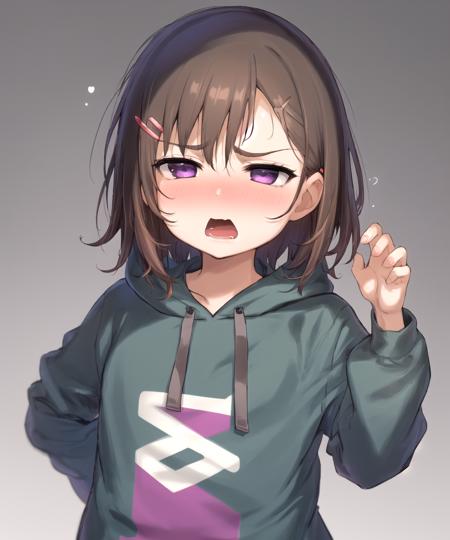 1girl, frown, hoodie, upper body, medium hair, solo, standing,  atte_nanakusa, looking at viewer, gradient background, short hair, open mouth,  (nose:1.2), [wavy mouth:3], nose blush, half-closed eyes, brown hair, purple eyes, hairclip
 <lora:atte-05:1>