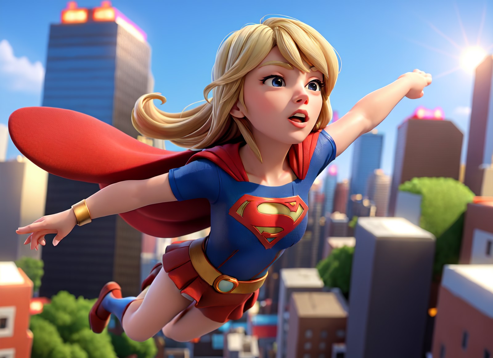 masterpiece, best quality, supergirl flying in the city