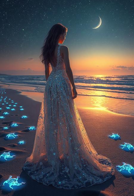 woman and a long dress made of fractals, a beach at night with bioluminescent stars and waves, a starry sky, glowing blue sea creatures on the sand, a crescent moon in the background, and an ocean flowing into the distance, the scene is peaceful yet mysterious, with the glow of fireflies adding to its ethereal beauty, 3d illustration, glitter, glow, ruby shine, opal, lumen, fractal, ultradetallization, 128k, HDR