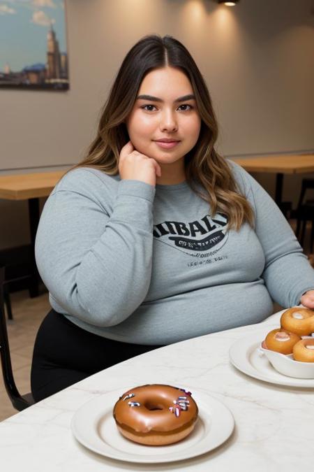 straight on view beautiful thick bbw obese blonde girl sitting in a booth at a donut shop, exasperated facial expression, shocked, (flat chest:1.2), tight clothes, undersized yoga pants, crop tee shirt, (hands resting on her belly), hands resting on her stomach, sitting at a table with plates of donuts, (donut buffet:1.2), stacked plates on the table with donuts, shirt stained with greasy food
(plump:0.9), love handles, stuffing herself with donuts, large round stomach, (huge round gut),
digital illustration, trending on artstation, realism, (best quality, masterpiece, [insanely detailed], intricate:1.2), absurdres, [ultra detailed], [sharp focus], [high definition] <lora:plump-strong:1.5>, pretty face, nose, lips, beautiful eyes, (MarlaNobodySD15), smiling, Fat Rolls:1.2, gigantic fat belly, fat double chin, donuts on plates, stacks of donuts on table:1.3, belly folds