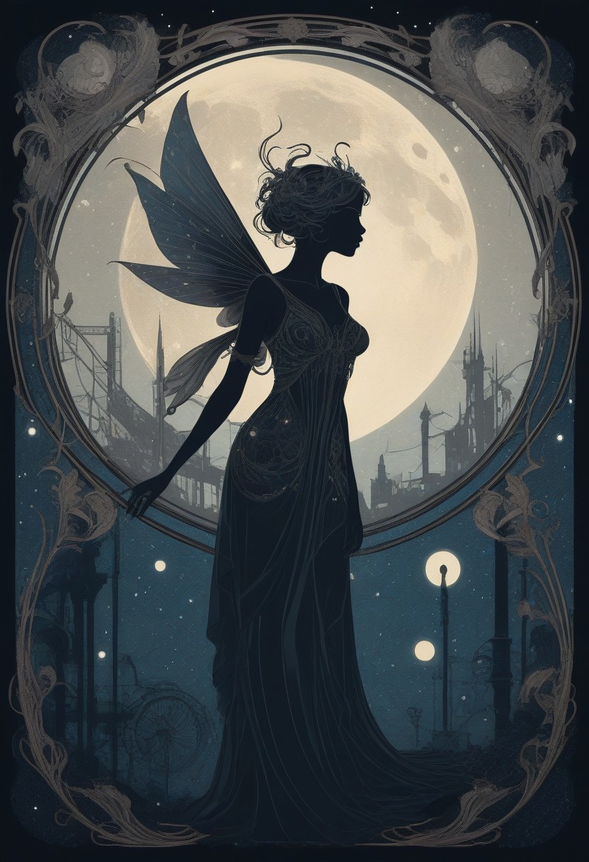 An harmonious blend of Art Nouveau styles and minimalism, immerse in a beguiling nocturnal landscape: A graceful silhouette of ethereal creatures nestled amidst angular silhouettes of mechanical structures, contrasting harmoniously beneath a starlit night sky.