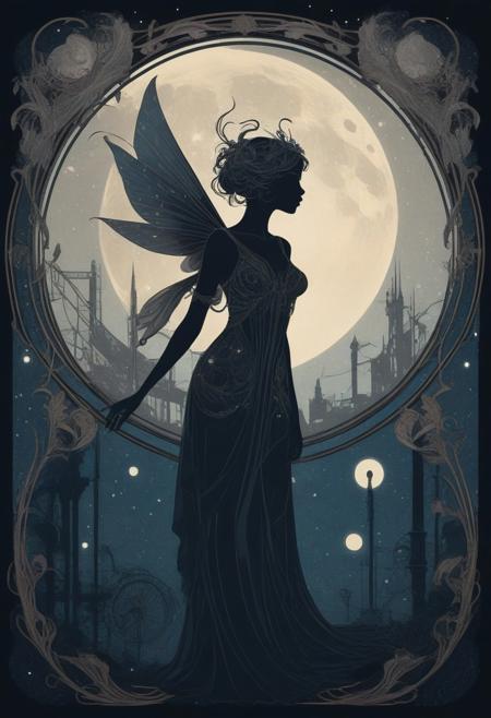 An harmonious blend of Art Nouveau styles and minimalism, immerse in a beguiling nocturnal landscape: A graceful silhouette of ethereal creatures nestled amidst angular silhouettes of mechanical structures, contrasting harmoniously beneath a starlit night sky.