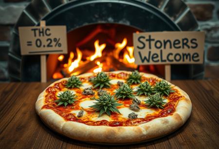 A gourmet pizza is artfully displayed on a rustic wooden table, set in front of a traditional Italian wood-burning pizza oven with flames flickering warmly in the background. The pizza features a perfectly golden, crispy crust, topped with fresh, melted cheese, and vibrant sativa cannabis flowers, glistening with rich trichomes. The green hues of the cannabis flowers contrast beautifully with the rich tomato sauce and the creamy cheese. In the background, two cardboard signs are prominently visible. One reads "THC < 0.2%," highlighting the legal compliance of the ingredients, while the other boldly declares, "Stoners Welcome," adding a playful, inviting touch to the scene. The overall ambiance blends traditional Italian culinary artistry with a modern, laid-back vibe.