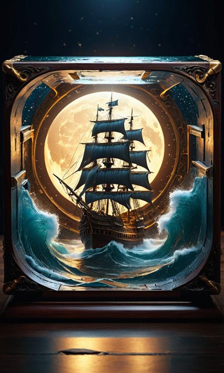 cinematic still A glass Frame sculpture, concealed inside the Cube is a large Pirate Ship in a Lightning storm, large waves, (Pirate ship emerges out of the frame), in the dark, detailed image, 8k high quality detailed, the moon, shaped Cube, amazing wallpaper, digital painting highly detailed, 8k UHD detailed oil painting, beautiful art UHD, focus on full glass sphere, bokeh, background Modifiers: extremely detailed Award winning photography, fantasy studio lighting, photorealistic very attractive beautiful imperial colours ultra detailed 3D, (Very Intricate), UHD . emotional, harmonious, vignette, 4k epic detailed, shot on kodak, 35mm photo, sharp focus, high budget, cinemascope, moody, epic, gorgeous, film grain, grainy, A glass Frame sculpture, concealed inside the Cube is a large Pirate Ship in a Lightning storm, large waves, (Pirate ship emerges out of the frame), in the dark, detailed image, 8k high quality detailed, the moon, shaped Cube, amazing wallpaper, digital painting highly detailed, 8k UHD detailed oil painting, beautiful art UHD, focus on full glass sphere, bokeh, background Modifiers: extremely detailed Award winning photography, fantasy studio lighting, photorealistic very attractive beautiful imperial colours ultra detailed 3D, (Very Intricate), UHD, epic stunning, intricate, cinematic light, rich colors, mystical, inspiring, atmosphere, perfect, vibrant, coherent, symmetry, shiny, unique, cute, illuminated