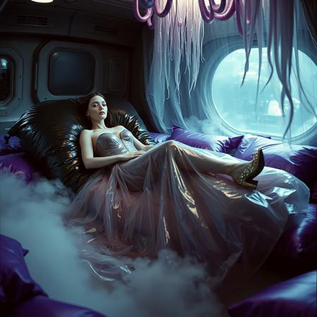 A poised and elegant slender lady, reclinet at giant glossy black foil pillow locked  in a sleek, floor-length transparent liquid slime  weird ball gown, full skirt made of a  giant glossy transparent jellyfish, complete with crystal-encrusted high heels, transparent slime cloak, is situated within a spaceship boudoir cabin, surrounded by weird foil purple pillows, fog from the floor, tentacle canopy, horror, soace, aliens, slime curtains, encased, entrapped Cinematic film still, shot on v-raptor XL, film grain, vignette, color graded, post-processed, cinematic lighting, 35mm film, live-action, best quality, atmospheric, a masterpiece, epic, stunning, dramatic